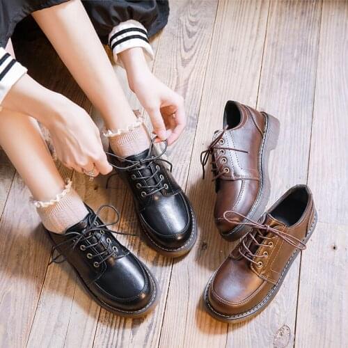 New England Style Leather Shoes Flat Heel Round Toe Lace Women Retro Brogue Shoes Student Spring Oxford Flats