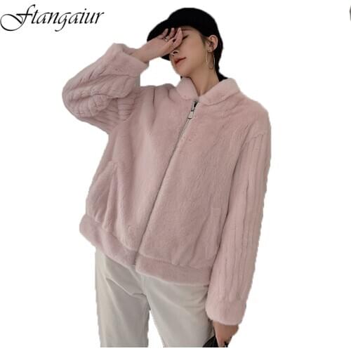 Ftangaiur 2020 Winter Import Purple Standard Velvet Mink Fur Coat Womens O-Neck Striped Loose Short Natural Real Mink Fur Coats