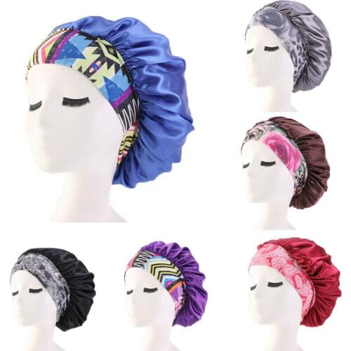 New Women Big Size Beauty print Satin Silk Bonnet Sleep Night Cap Head Cover Bonnet Hat for For Curly Springy Hair Black