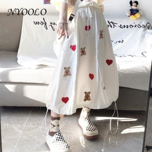 NYOOLO Harajuku Japanese Kawaii Bear Love Heart Embroidery Elastic High Waist Umbrella Skirt Women Summer Sweet Girls Bottoms