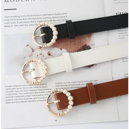 Fashion Pearl Belt Leather Waist Belts for Women Black Ladies Ceinture Femme Brown Waistband Students Jeans Cinto Round Buckle