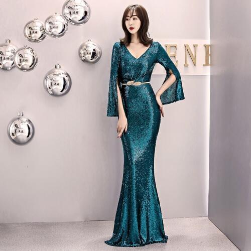 Luxury Green Sequined Deep V Neck Slit Sleeve Mermaid Floor Length Hot Sexy Elegant Evening Party Dress Women Night Club Dresses