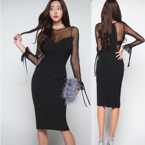 Sexy Mesh Patchwork Sheath Dress 2019 Women Spring black Long Sleeve O-neck Casual Party Midi Dress Sexy Club Sukienka Vestidos