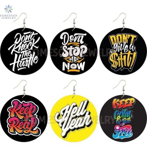 SOMESOOR Colorful Hiphop Writings African Wooden Drop Earrings Double Sides Printed Black Powerful Sayings Design For Women Gift