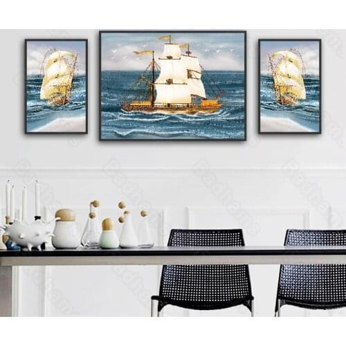Modern Decorative Painting Nautical Chart Simple Living Room Decoration Sofa Background Wall Frameless Triple Canvas Mural