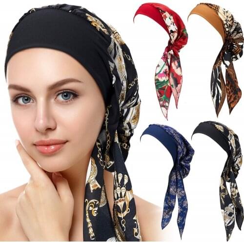 Elastic Hair Band Headband Women silky bonnet headwrap Scarves Pre-Tied Cancer Chemo Beanies Headwear Head Wrap Hair Accessories