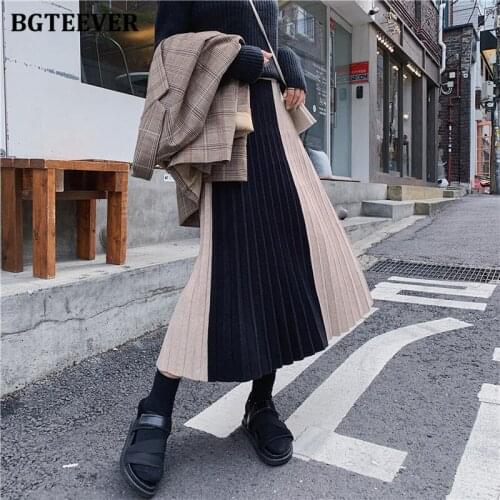 BGTEEVER Chic Stylish Patchwork Women Knitted Long Skirts Autumn Winter Elastic High Waist Loose Female Pleated Sweater Skirts