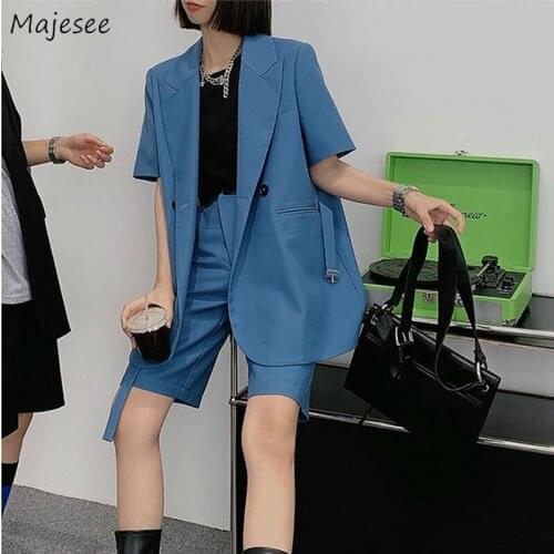 Sets Women Outfits Summer Solid Long-style Office Lady Korean Style Notched Simple Design Loose Blazer and Pure Shorts 2 Pieces