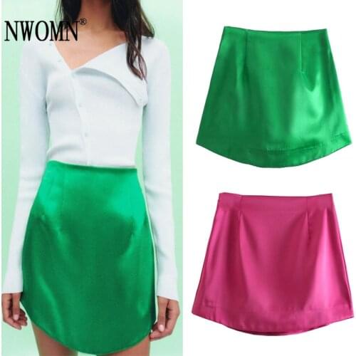 NWOMN Za Women Skirt Satin Green Mini Skirts Woman Summer 2021 High Waist Skirt Female Side Zipper Fashion Bodycon Short Skirts