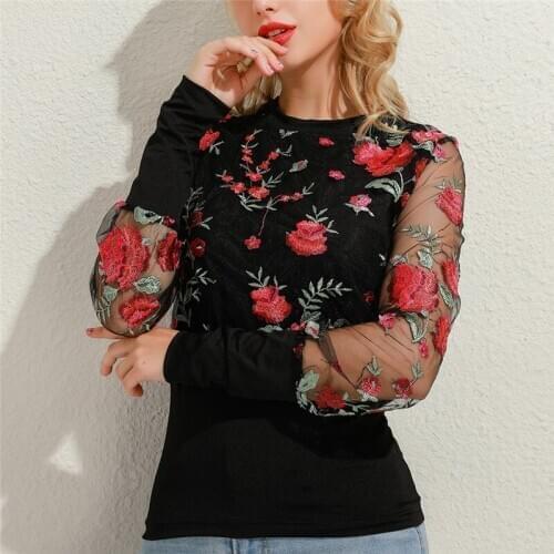 New Embroidery Floral Sheer Mesh Sleeve Blouse Shirts Women 2020 Spring Patchwork Pullovers Elegant Sexy See Through Tops