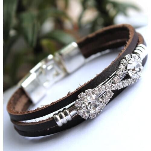 HOT NEW Genuine Cow Leather Bracelets For women Pirate Style Punk Rhinestone Eight Charm Leather Bracelet Bangles Jewelry