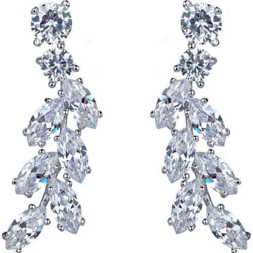YAN MEI Elegant Design Marquise Cluster leaf Shape AAA CZ Bridal Long silver Color earrings GLE4892