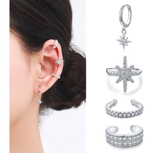 Modian 100% Real 925 Sterling Silver Stars Fashion Punk Ear Cuff Clear CZ Sparkling Clip Earrings For Women Grils Fine Jewelry