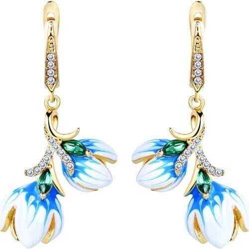2020 Bohemia Yellow Gold Color Stamen Flower Drops Earrings for Women Elegant Blue Enamel Dangles Earrings Vintage BohoJewelry