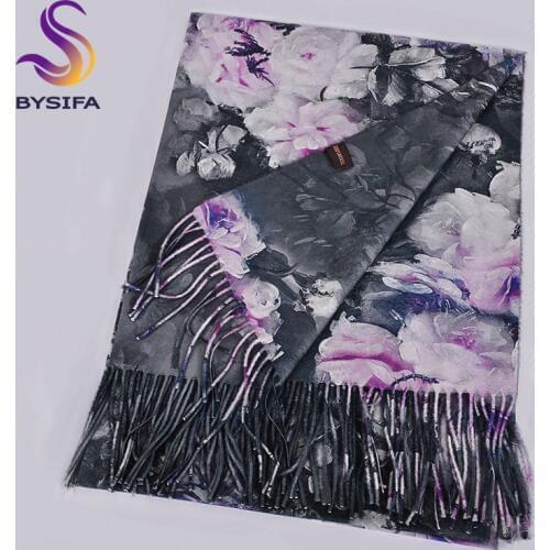 [BYSIFA] Winter Grey Pink Wool Scarves Shawls Women Peony Style Long Cashmere Pashmina Scarves Wraps Brand Luxury Neck Scarf
