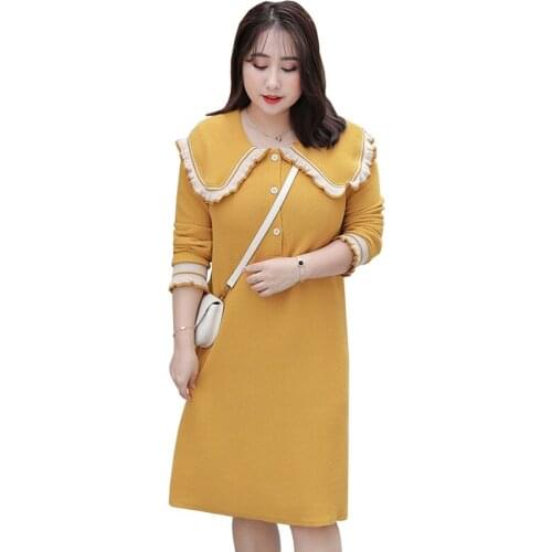 Oversize Spring Womens Knit Dress Doll collar Sweater Dress Female Plus size 4XL Ruffle Casual Pullover Straight Dresses G931