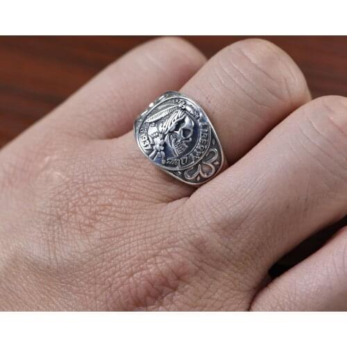 100% solid S925 pure silver jewelry retro Thai silver portrait skull ring adjustable fashion men and women rings