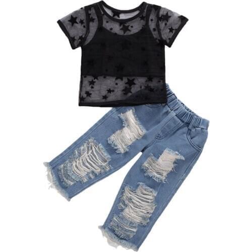 3Pcs Toddler Kids Baby Girls Clothes Sheer T-shirts Tops+ Vest Top +Ripped Jean Denim Pants Outfit Sets 2-7Years