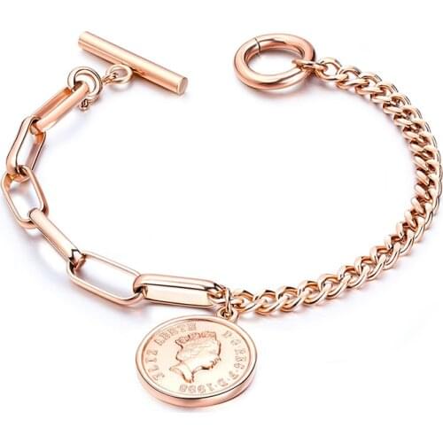 Retro Avatar Round Tag Charm Bracelet Elizabeth Coin Jewelry Titanium Steel Rose Gold Womens Bracelet B18101