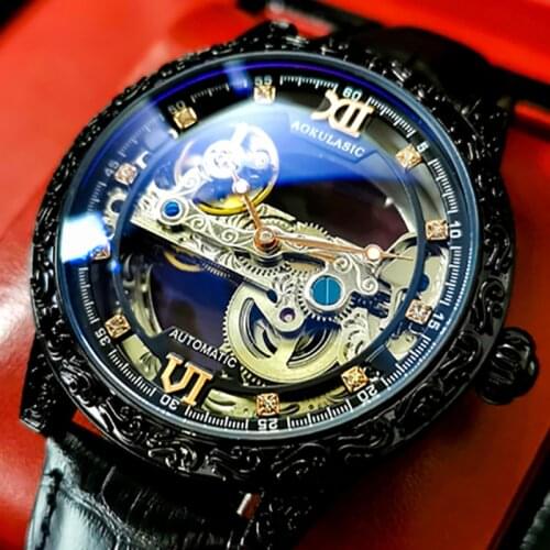 Aokulasic Watch Automatic Self-wind Luxury Brand Mens Mechanical Watches Hollow Out Waterproof Retro Wristwatch Men Reloj Hombre