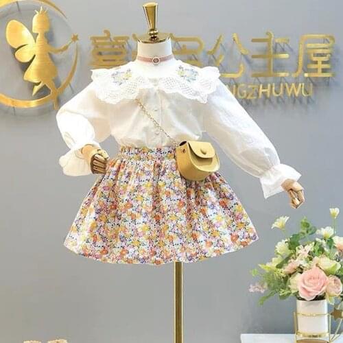 2-8 Year Girls Clothes 2021 Autumn New Embroidered Flower Long Sleeve Shirt+Floral Skirt 2Pcs Outfits Childrens Clothing Set