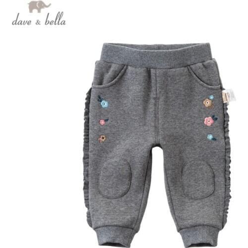 DB15325 dave bella winter baby girls fashion floral embroidery pants children full length kids pants infant toddler trousers