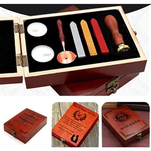 Custom Wooden Box Stamps Wax Seal Kit Retro Stamp Spoon Set Sealing Bar Sets Envelope Journal Wedding Packaging Gifts Postcard