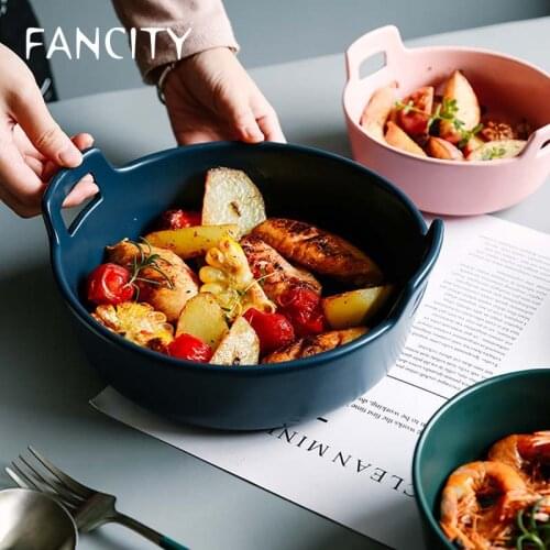 FANCITY Nordic net red soup bowl household single tableware ceramic creative double ear instant noodles bowl large breakfast eat