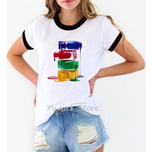 A stack of nail polish print vogue t shirt women white t-shirt streetwear manicure store work clothes custom tshirt wholesale