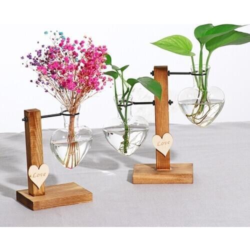 Terrarium Hydroponic Plant Vases Vintage Flower Pot Transparent Vase Wooden Frame Glass Tabletop Plants Bonsai Decor Party Gifts