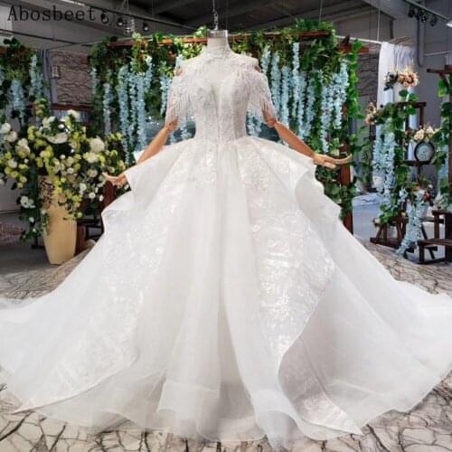 Exquisite Beads Off Shoulder Wedding Dress 2021 Fashion Deep V Neck White Wedding Gown Bridal Dress 200CM Train Lace Up Back