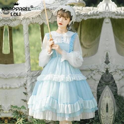 Summer Womens Lolita OP Dresses Fresh Light Pink Blue Fairy Princess Lace Long Lantern Sleeve Ruffle Birthday Party Sweet Girls