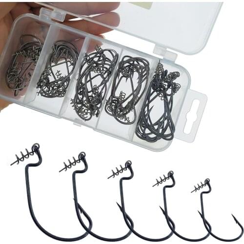 50-pieces Fishing Hooks Kit 2# 1# 1/0# 2/0# 3/0# Fish Hook with Centering-Pin Springs Spring Lock Worm Hook Sea Fishing Carp Hoo