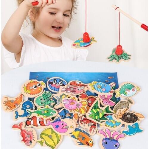 Baby Educational Toys 31Pcs Magnetic Wooden Fishing Toys Set Fish Game Educational Fishing Toy Child Birthday/Christmas Gift
