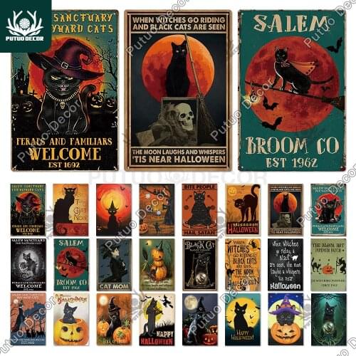 Putuo Decor Halloween Black Cat Vintaget Metal Sign Plaque Metal Vintage Tin Sign for Living Room Door Pet Shop Wall Decoration