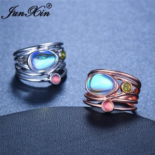 Luxury Female Male Crystal Moonstone Ring Silver Rose Gold Color Oval Rainbow Opal Stone Wedding Rings For Women And Men Jewelry