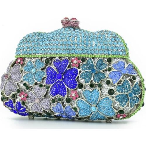 Luxury Handbags Women Crystal diamond Evening Clutch Bags blue Party Flower Diamond Handbag Wedding chain shoulder Bag clutch