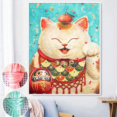 Needlework,DIY Cute Lucky Cat Cross Stitch Sets For Printed Japanese Style Embroidery Kit Home Wall Decoration