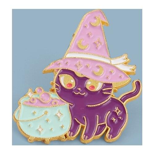 Halloween Series Purple Magic Cat Witch Alloy Enamel Brooch Pin Cartoon Cute Magic Potion Small Animal Badge Jewelry Gift