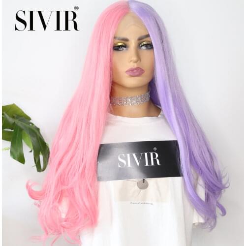 SIVIR Synthetic Hair Lace Front Wigs Natural Hairline The Half Pink The Half Purple Color Synthetic Glueless Lace Wigs cosplay
