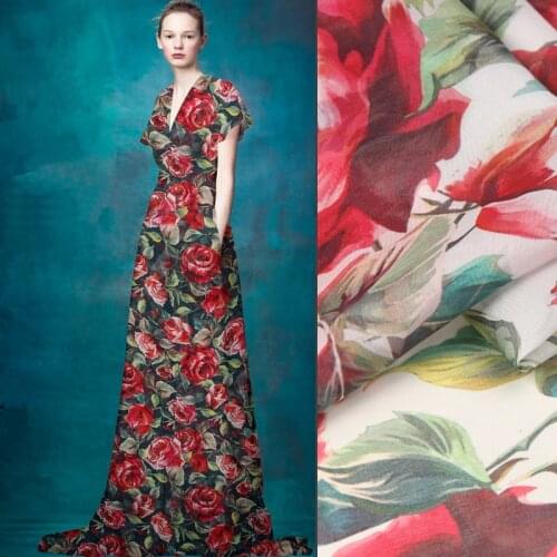 135cm wide 8mm red rose print thin silk chiffon fabric for summer long and short dress blouse shirt blue white available D741