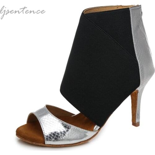 Latin Dance Shoes Red Silver PU Salsa Bachata Merengue Shoes Lady Women Slip-on Dance Boots Ballroom Stylish Comfy Spike Heels