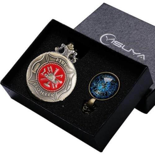 Vintage Bronze/Red Fire Fighter Quartz Pendant Pocket Watch Chain Necklace Jewelry Firefighter Gifts Sets for Men Women Ulzzang