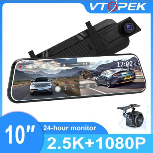 Vtopek 10 inches 2.5K Car DVR Streaming Media Dual Lens Video Recorder Rear View Mirror Dash Cam Recorders Front and Rear Camera