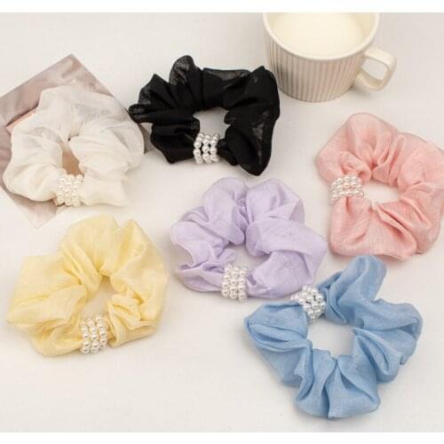 Korean Candy Color Chiffon Pearls Hair Scrunchies Women Girls Vintage Knot Hair Tie Elastic Head Bands Handmade Pony Accessories