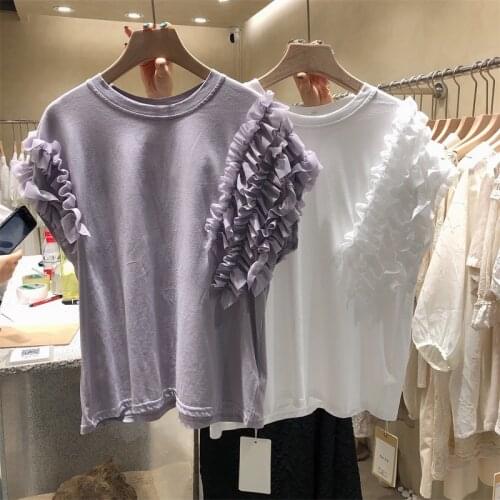 Tshirts Woman 2020 Summer New Korean-Style Stitching Chiffon Ruffles Short Sleeved Loose T-shirt Temperament All-match T-shirts