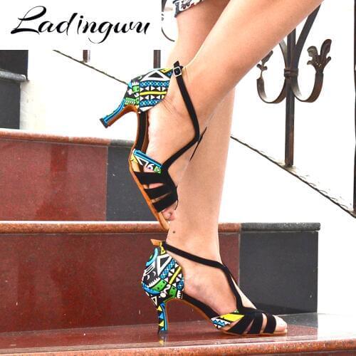 Ladingwu Hot Women Dance Shoes Latin Ballroom Dance Shoes Ladys girls Salsa Dance Shoes Suede And Featured printed leather Heel
