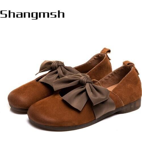 Ladies Round toe flats ballerinas Big Bow shoes leather woman comfortable loafers Slip-on ladies flats shoes 3319