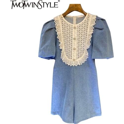 TWOTWINSTYLE Denim Patchwork Lace Jumpsuit For Women O Neck Short Sleeve High Waist Casual Jumpsuits Female Fashion New Clothes
