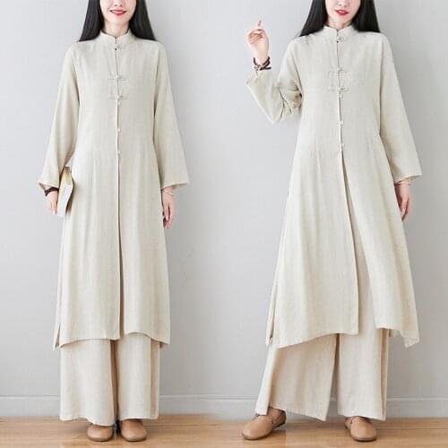 2021 large size new autumn cotton linen suit mid-length casual tea clothes loose wide-leg pants linen two-piece women s161